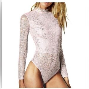 Victorias Secret Light Pink Metallic Floral Bodysuit Long Sleeve Lingerie